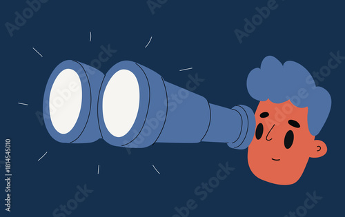 Cartoon vector illustration of a man looking through binoculars symbolizing exploration and curiosity against dark background