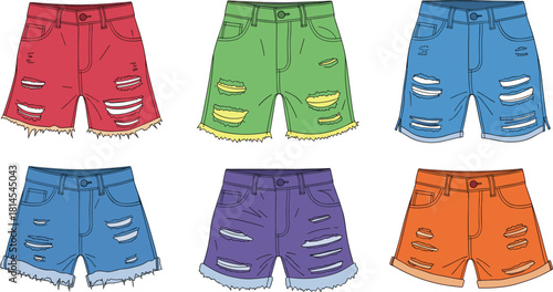 Colorful ripped denim shorts collection, distressed summer fashion set, trendy casual jean clothing illustration, modern streetwear apparel vector design template
