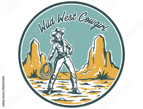 Vintage western emblem illustration of a rodeo queen cowgirl with her horse and lasso, grunge style.