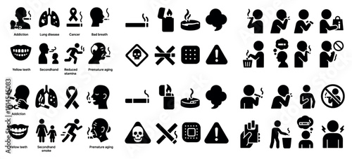 Smoking effects: health risks and warning signs icons