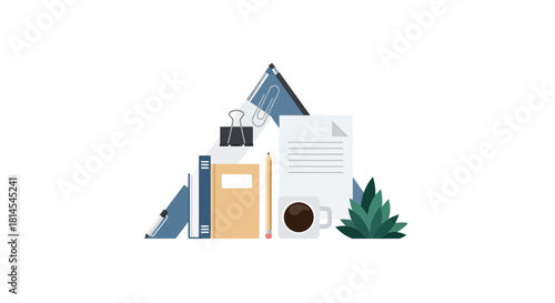 Modern workspace flat lay with coffee, books, and stationery for creative projects and professional blogging, perfect for enhancing your brand's content strategy