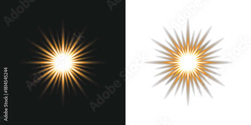 Bright sunburst flare and golden light rays in transparent PNG for summer visuals.
