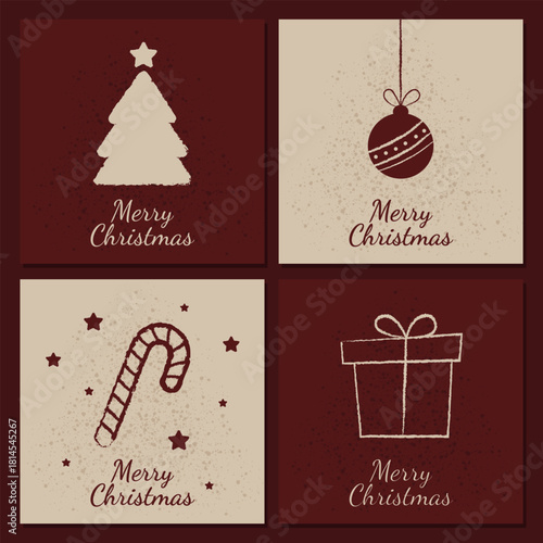 christmas set of four cards in minimalistic flat style in bordo and beige colors. graphic art of group xmas cards with greetings