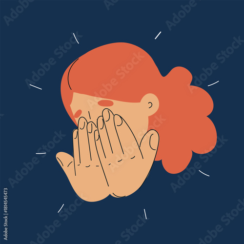 Cartoon vector illustration of a woman covering her face with her hands expressing shyness, sadness, or embarrassment against dark background