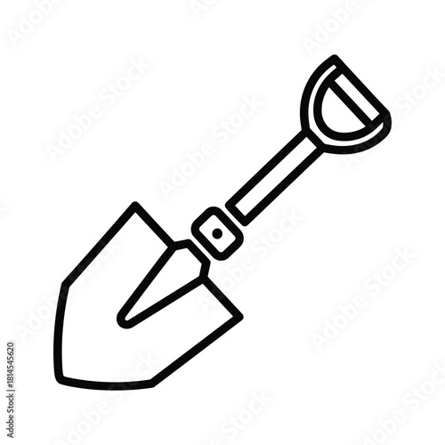 Simple black and white line art icon of a garden shovel or spade for digging, isolated on