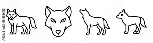 Minimalist wolf line art collection featuring various poses on white.