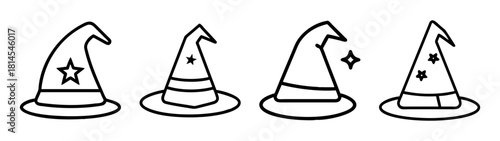 Simple line art collection of wizard and witch hats for holidays