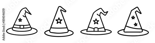 Outlined magic wizard and witch hats vector icon set for design