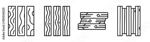 Wood plank line icons set. lumber texture and carpentry elements.