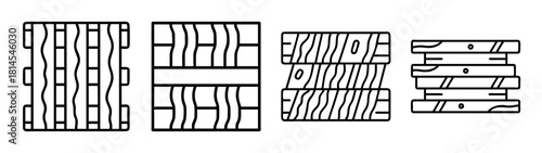 Abstract wood plank and floor textures line art icons set, vector