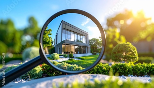 Modern House Through Magnifying Glass Real Estate Inspection & Home Search