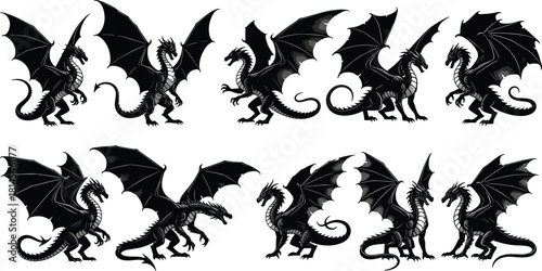 Black dragon silhouettes, fierce mythical creatures, fantasy winged beasts, powerful reptilian monsters, epic dark dragons artwork for fantasy design