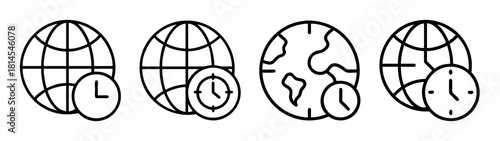 Global time zone and clock outline icons set for web and apps.