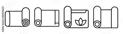 Collection of rolled yoga or fitness mats line art icons set
