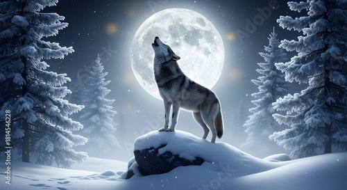 Wallpaper Mural Majestic wolf howling dramatically at brilliant full moon surrounded by snow-covered evergreen forest creating mystical atmosphere, displaying powerful silhouette and natural behavior against moonlit  Torontodigital.ca