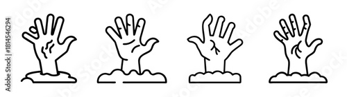 Zombie hands emerging from ground, line art illustration halloween.