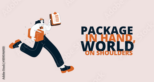 Cartoon vector illustration of a female courier running with a package symbolizing speed, delivery, and efficiency