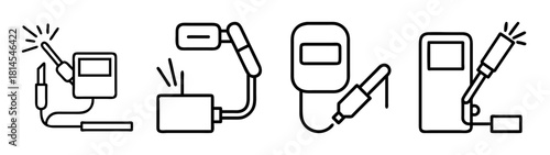 Welding equipment line icon set, welder, torch, helmet, sparks