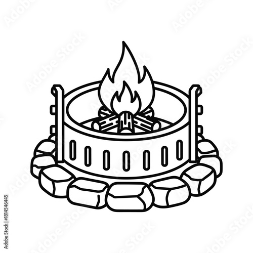 Black and white line art icon of a campfire in a metal fire pit surrounded by stone block border, isolated on