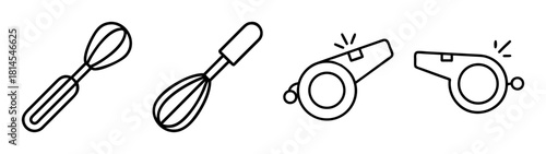 Cooking whisks and sport whistles line art icon collection set