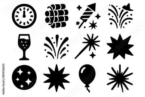 Festive Fireworks Icons. New Year Fireworks silhouette icon set: countdown clock, firecracker bundle, rocket trail, champagne glass, confetti burst, sparkler stick, glowing night