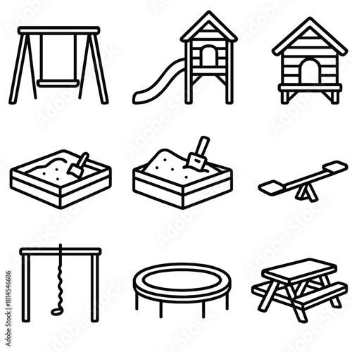 Outline Playground Icons. Backyard playground concept linear icon set: wooden swing, slide, sandbox, playhouse, climbing rope, trampoline, seesaw, picnic table