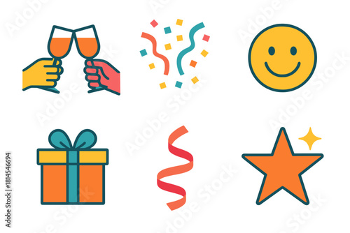 Celebration Icons. Group Cheer flat icon set : clinking glasses, confetti burst, smiling faces, gift box, ribbon swirl, shining star