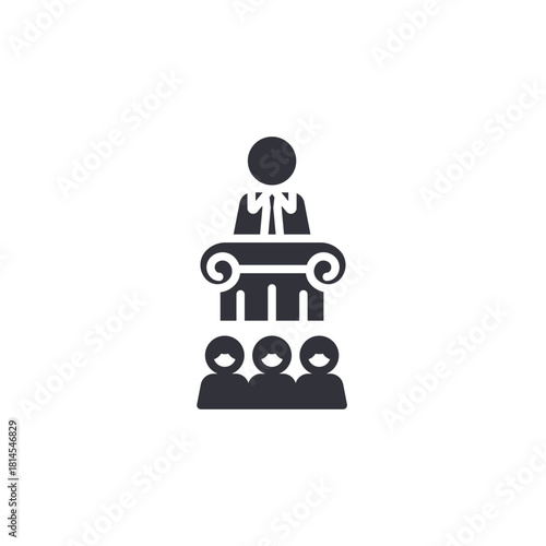 Speaker standing behind a classical pillar podium addressing an audience, symbolizing lecture, public speaking, government, law, politics, education, and corporate presentation in a solid glyph style.