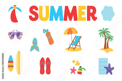 A vibrant tropical holiday pack including beach tools, starfish, flip-flops, and water elements for creative seasonal designs.