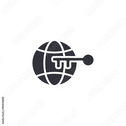 Globe icon with a key penetrating it, symbolizing global security, worldwide access, internet privacy, secured network, VPN connection, and international protection in a solid glyph style.