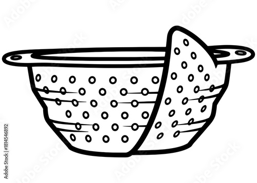 Collapsible kitchen colander vector illustration. Foldable silicone food strainer for draining pasta or vegetables. Black and white line art icon isolated on white background.