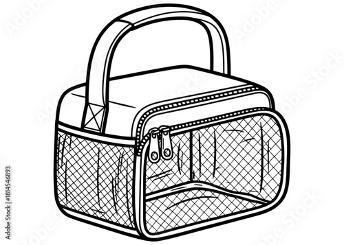 Vector illustration of a lunch bag or thermal cooler box with handle and mesh pocket. Black and white travel cosmetic or toiletry case sketch isolated on white background.