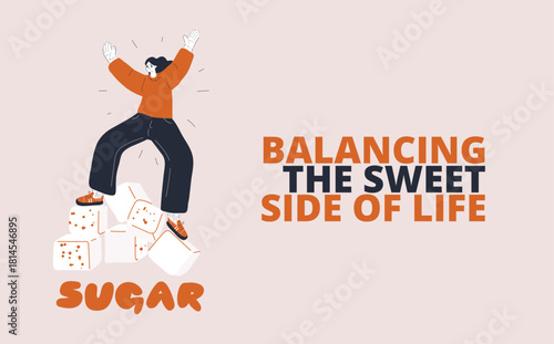 Cartoon vector illustration of a woman balancing on sugar cubes symbolizing fragility, careful steps, and precision