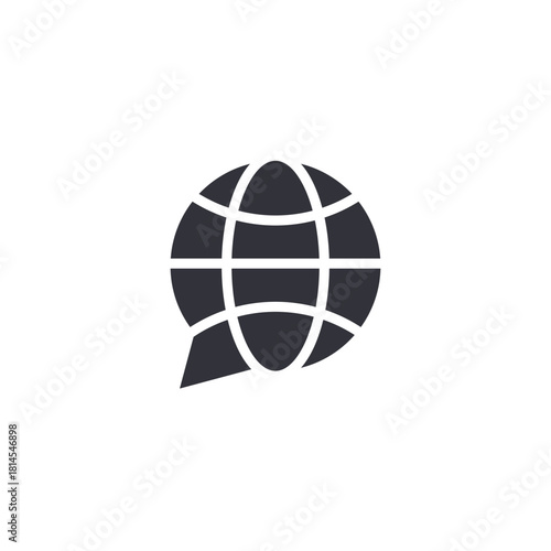 Globe icon inside a speech bubble, symbolizing worldwide communication, global language translation, international chat, multilingual forums, and universal dialogue in a solid glyph style.