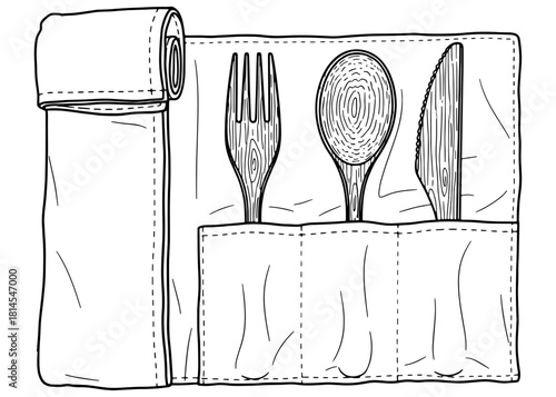 Reusable wooden cutlery set in roll up pouch vector illustration. Eco friendly bamboo fork, spoon and knife travel kit sketch isolated on white background.