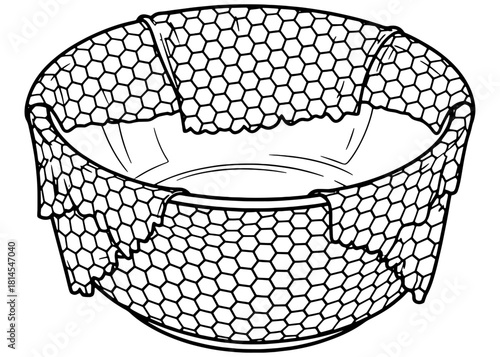 Reusable beeswax food wrap covering a bowl vector illustration. Eco friendly zero waste kitchen storage sketch with honeycomb pattern isolated on white background.