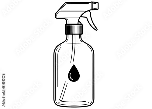 Glass spray bottle vector illustration with water drop icon. Reusable liquid dispenser sketch for essential oil or cleaning product isolated on white background.