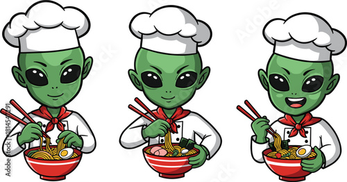 Cute cartoon alien chefs happily eating ramen noodles with chopsticks in fun vector illustration, perfect for food themes and kids’ designs