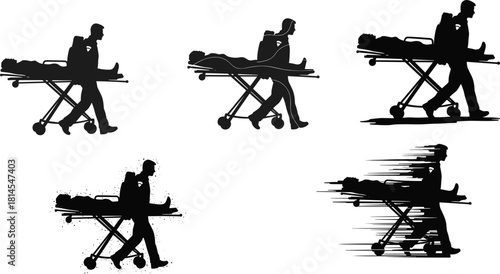 Emergency medic rushing patient on stretcher, fast ambulance response silhouette set showing medical rescue, urgent healthcare assistance and paramedic action