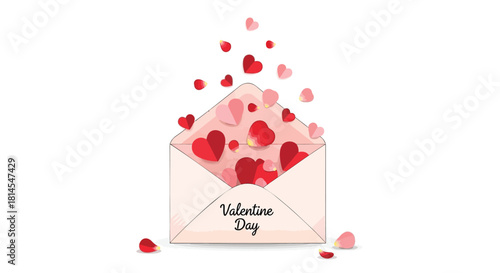 Envelope overflowing with red and pink hearts for valentine's day celebration card design