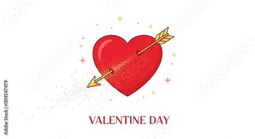 Illustration of a red heart pierced by an arrow with sparkles for valentine's day design