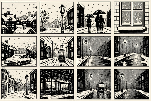 Winter Cityscape Elegance. City in Winter linear icon set: snowy rooftops, glowing lampposts, people with umbrellas, frost on windows, snow-covered cars, evening reflections, cozy