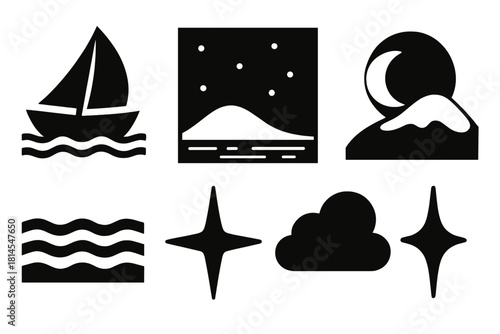 Silent Voyage Icons. Silent voyage silhouette icon set : boat, night sky, moon, star, snow-covered hill, calm water, sparkle, cloud