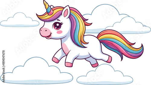 Cute cartoon unicorn with colorful rainbow mane flying through fluffy clouds in magical vector illustration, perfect for kids’ designs and fantasy themes