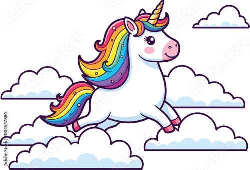 Cute cartoon unicorn with rainbow mane running through fluffy clouds in magical vector illustration, perfect for kids’ designs and fantasy themes