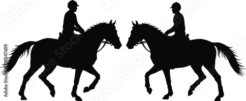 Silhouettes of two horseback riders facing each other, equestrian riding illustration showcasing horses, riders, outdoor activity, balance, control, and sport