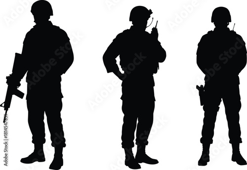 Silhouettes of military soldiers standing with weapons and radio gear, armed forces personnel in tactical poses representing army defense and security