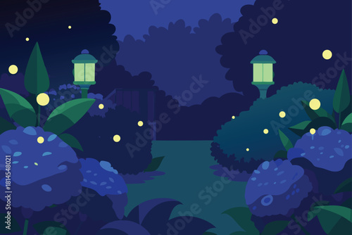 Night garden path with glowing lanterns and fireflies Vector