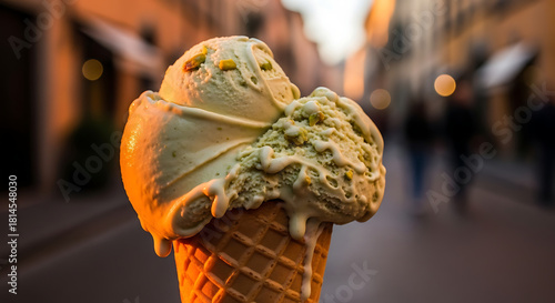 Fototapeta Naklejka Na Ścianę i Meble -  Close-up of a pistachio ice cream cone melting on a warm street with people walking in the background.