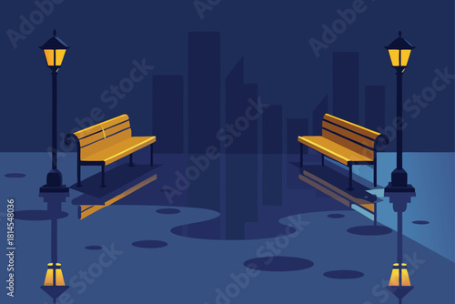 Empty park benches and streetlights illuminate city Vector